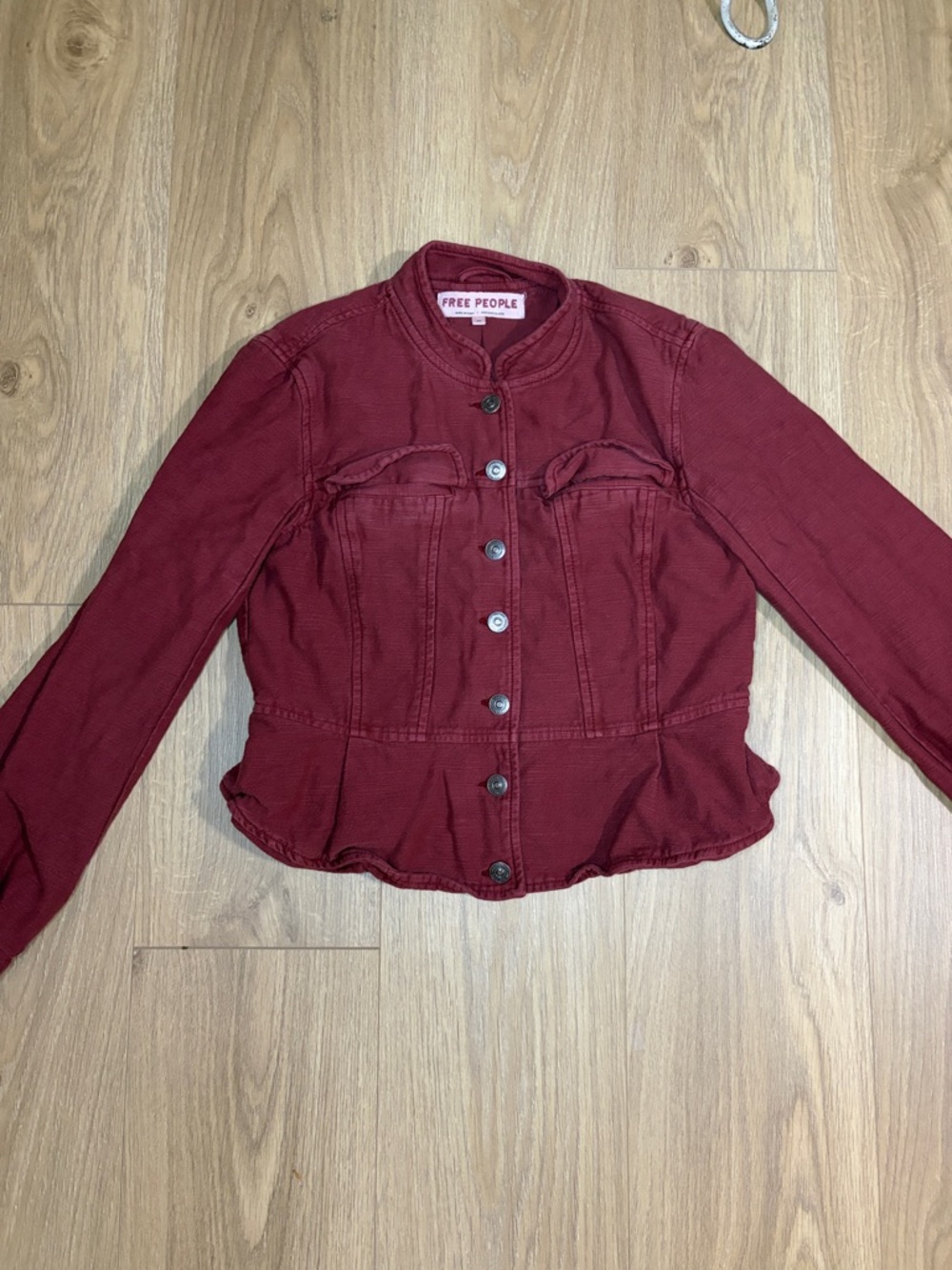 Free People Wine Red Button-Front Jean Jacket